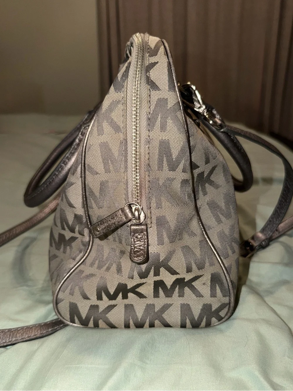 Michael Kors Gray MK Monogram Satchel with Metallic Handles